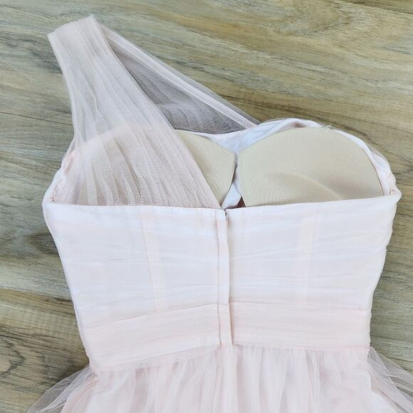 🍑David's Bridal Pink Petal Tulle One Shoulder Dress Size 2 - Picture 7 of 14